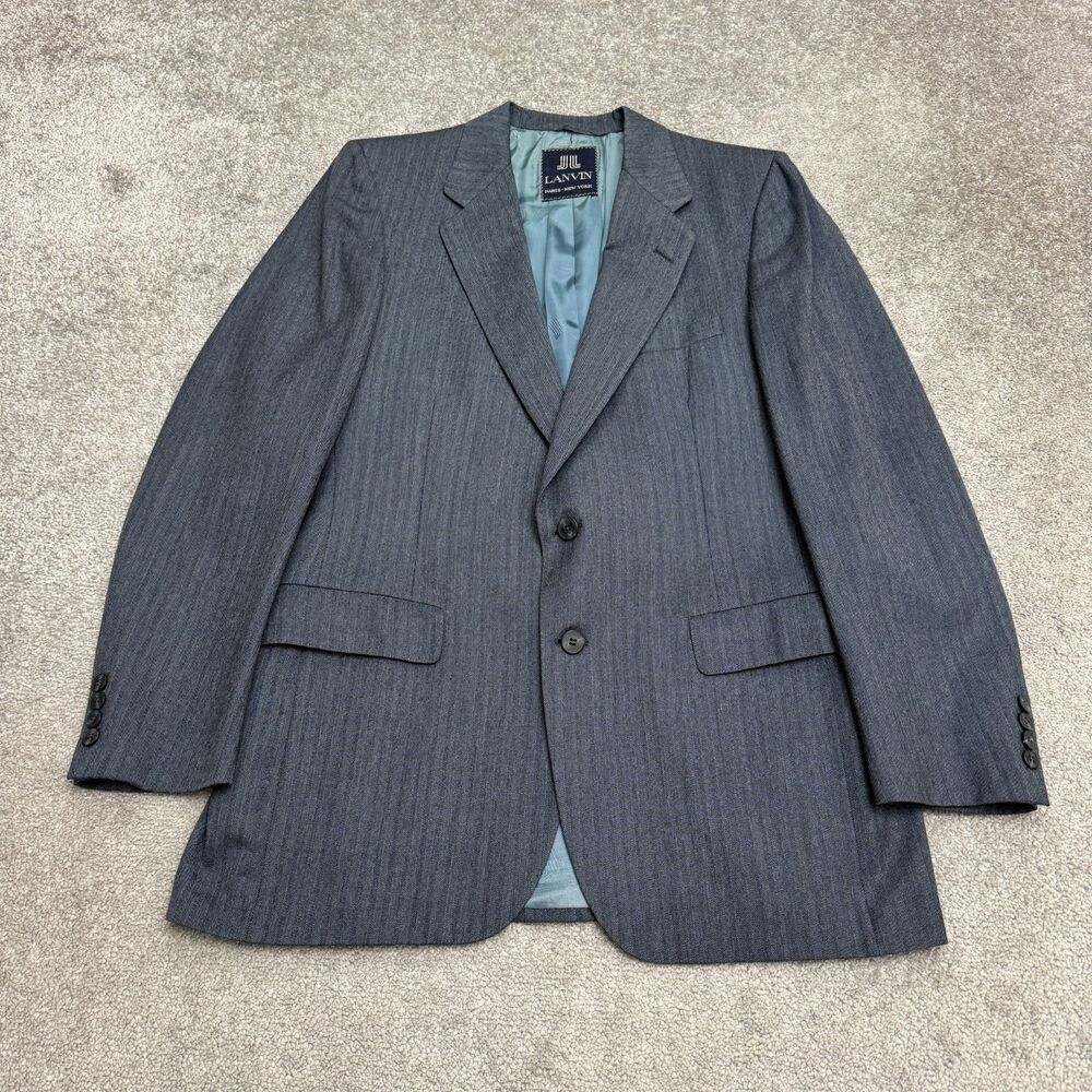 Lanvin Barneys NY Virgin Wool Suit Blazer Jacket Men Gray Herringbone Notch Work